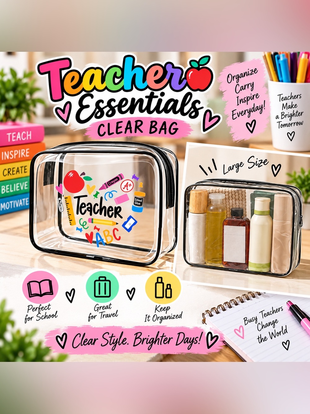 🩷🆕🩷Clear Teacher Essentials Carry Bag - Transparent Black-Trim Travel Organizer